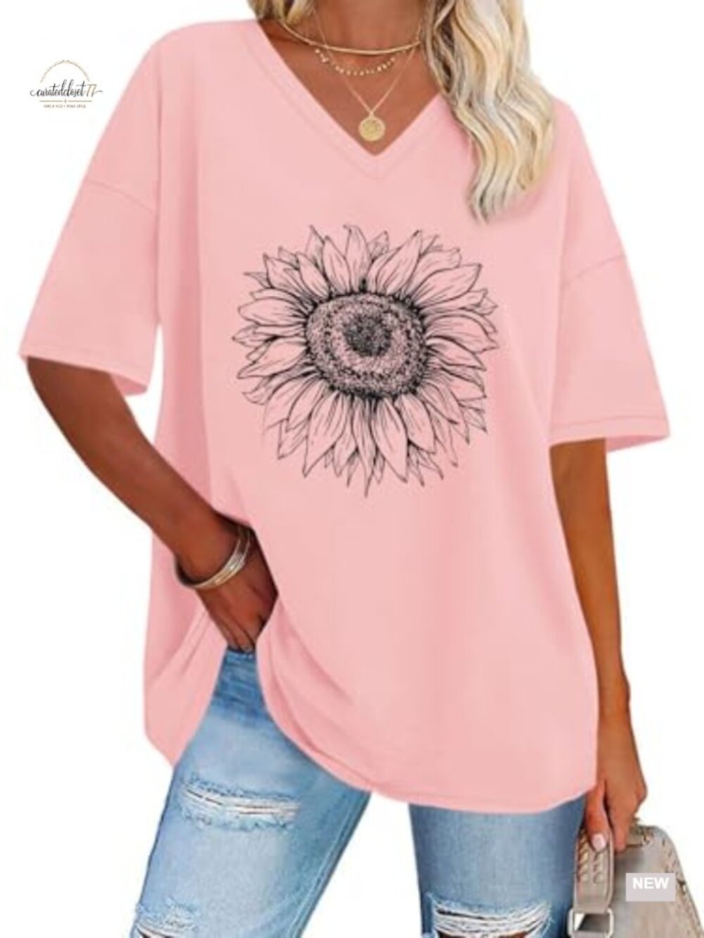 Oversized Women's Graphic V-Neck T-Shirt Soft Loose Fit Casual Tee